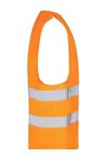 An orange safety vest with reflective stripes, designed for adults, featuring a sleeveless design and a logo.