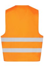 An orange safety vest with two reflective stripes, designed for visibility and safety. It has a branding logo.