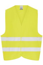 A bright yellow safety vest with reflective white stripes, designed for adult use, featuring a simple, sleeveless design.