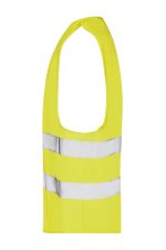 A bright yellow safety vest with reflective strips, featuring a sleeveless design and a logo.