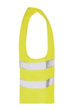 A bright yellow safety vest with reflective stripes and a logo on it. Designed for adult use in safety environments.