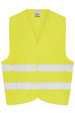 A bright yellow safety vest with reflective white strips, designed for adult use. It features a simple, sleeveless design.