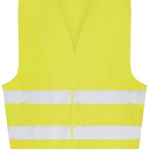 A bright yellow safety vest with reflective white strips, designed for adult use. It features a simple, sleeveless design.
