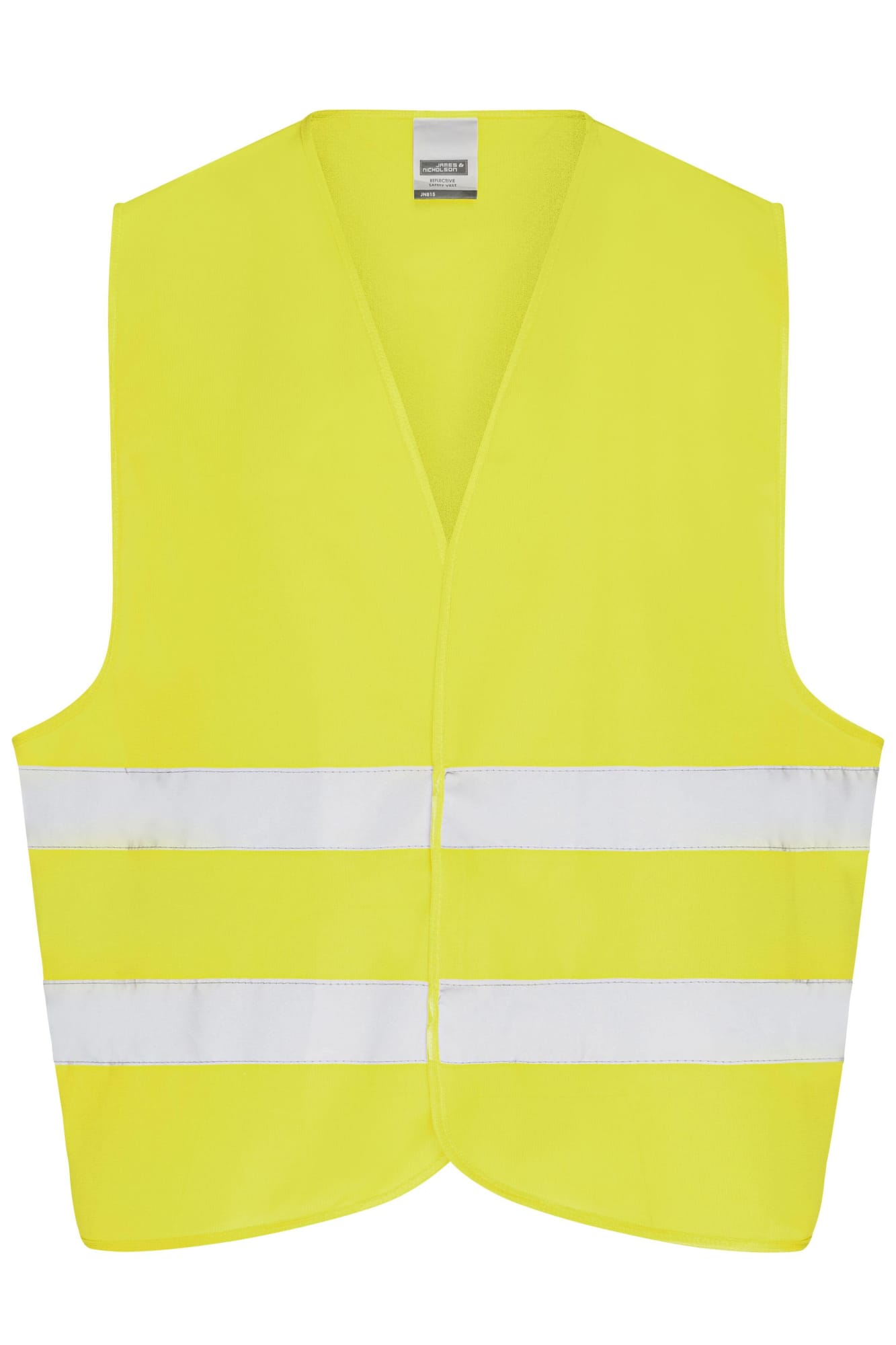 A bright yellow safety vest with reflective white strips, designed for adult use. It features a simple, sleeveless design. A bright yellow safety vest with reflective white strips, designed for adult use. It features a simple, sleeveless design.