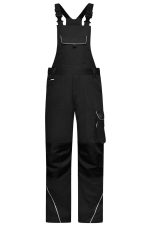 A pair of black workwear pants with a bib, featuring adjustable straps and a pocket.