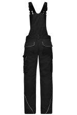 Black workwear pants with bib, featuring multiple pockets and adjustable straps. Includes a logo on the garment.