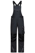 Dark grey workwear pants with bib, featuring adjustable straps and a side pocket. Includes a logo on the fabric.