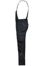Workwear pants with bib in black, featuring adjustable straps and multiple pockets for utility.