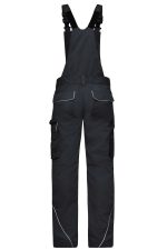 Workwear pants with bib in black, featuring adjustable straps and multiple pockets. Includes branding on the garment.