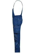 Navy blue workwear pants with bib, featuring multiple pockets and a logo. Ideal for uniforms.