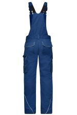 Workwear pants with bib in blue, featuring adjustable straps and multiple pockets. Includes a logo on the garment.