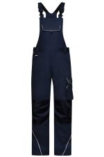 Navy workwear pants with a bib, featuring adjustable straps and a pocket, designed for durability and functionality.