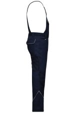 Workwear pants in navy blue with bib and adjustable straps, featuring multiple pockets and contrasting detailing.