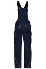 Workwear pants with bib in navy blue, featuring adjustable straps and multiple pockets. Includes a logo.