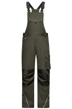 Workwear pants with bib in olive green, featuring adjustable straps, pockets, and black accents. Includes a logo.