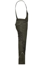 Workwear pants with bib in dark green, featuring adjustable straps and multiple pockets, with a small logo.