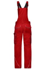 Bright red workwear pants with bib, featuring adjustable straps and multiple pockets on the sides.