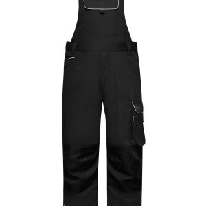 Black workwear pants with bib, featuring adjustable straps and multiple pockets. Includes branding on the garment.