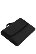 A folded black picnic blanket with a strap, featuring a simple border design.