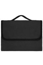 A black picnic blanket with a foldable design and a handle for easy carrying. Features stitching along the edges.