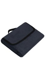 A navy picnic blanket with a black trim and a carrying strap, folded neatly.
