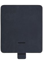 A navy blue picnic blanket with a flat shape and a small attachment at the bottom. It features a logo.