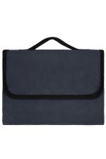 A navy picnic blanket with a fold-over design and black trim, featuring a handle for easy carrying.