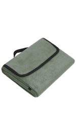 A folded green picnic blanket with a black trim and a carrying strap.