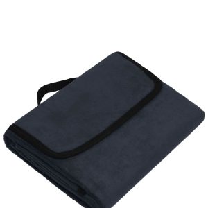 A dark blue picnic blanket folded with a black trim and strap for easy carrying.