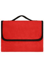 A red picnic blanket with a black trim and a convenient carrying handle. It features a foldable design.