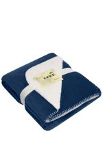 A navy blue blanket featuring a soft, fluffy white reverse side, neatly folded and secured with a band.