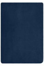 A navy blue fleece blanket with a soft texture and stitched edges, featuring a logo in one corner.