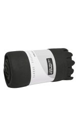 A rolled black fleece blanket with a branding label, featuring a soft texture and a simple design.