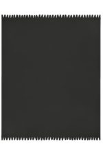 A black fleece blanket with a scalloped edge design, featuring a logo or branding.