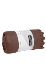 A rolled brown fleece blanket with a branding label. Soft, warm fabric ideal for home use.