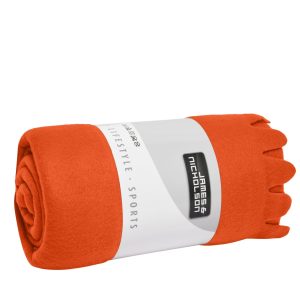 An orange fleece blanket, neatly rolled and secured with a band, featuring a logo.