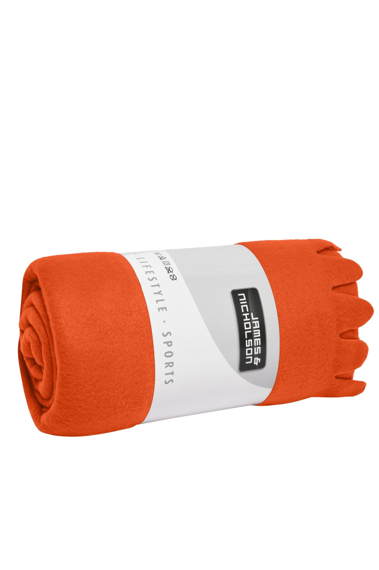 An orange fleece blanket, neatly rolled and secured with a band, featuring a logo. An orange fleece blanket, neatly rolled and secured with a band, featuring a logo.