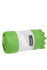 A rolled green fleece blanket with a label featuring branding.
