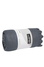 A rolled grey fleece blanket wrapped in a label featuring a logo. Soft and cosy material evident.