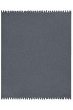 A fleece blanket in a dark grey colour with a zigzag edge design and a logo in one corner.