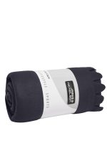 A rolled navy fleece blanket with a white band featuring branding. Soft texture and compact design for easy storage.