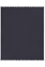 A dark grey fleece blanket with a textured edge, featuring a simple and sleek design. It has a logo in one corner.