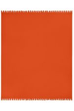 An orange fleece blanket with a zigzag edge design. It has a plain surface and features a logo.