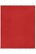 A red fleece blanket with a textured, zigzag edge. It features a logo in one corner.