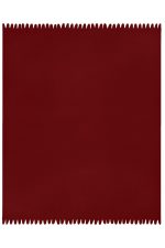 A burgundy fleece blanket with a textured edge, featuring a logo in the corner.