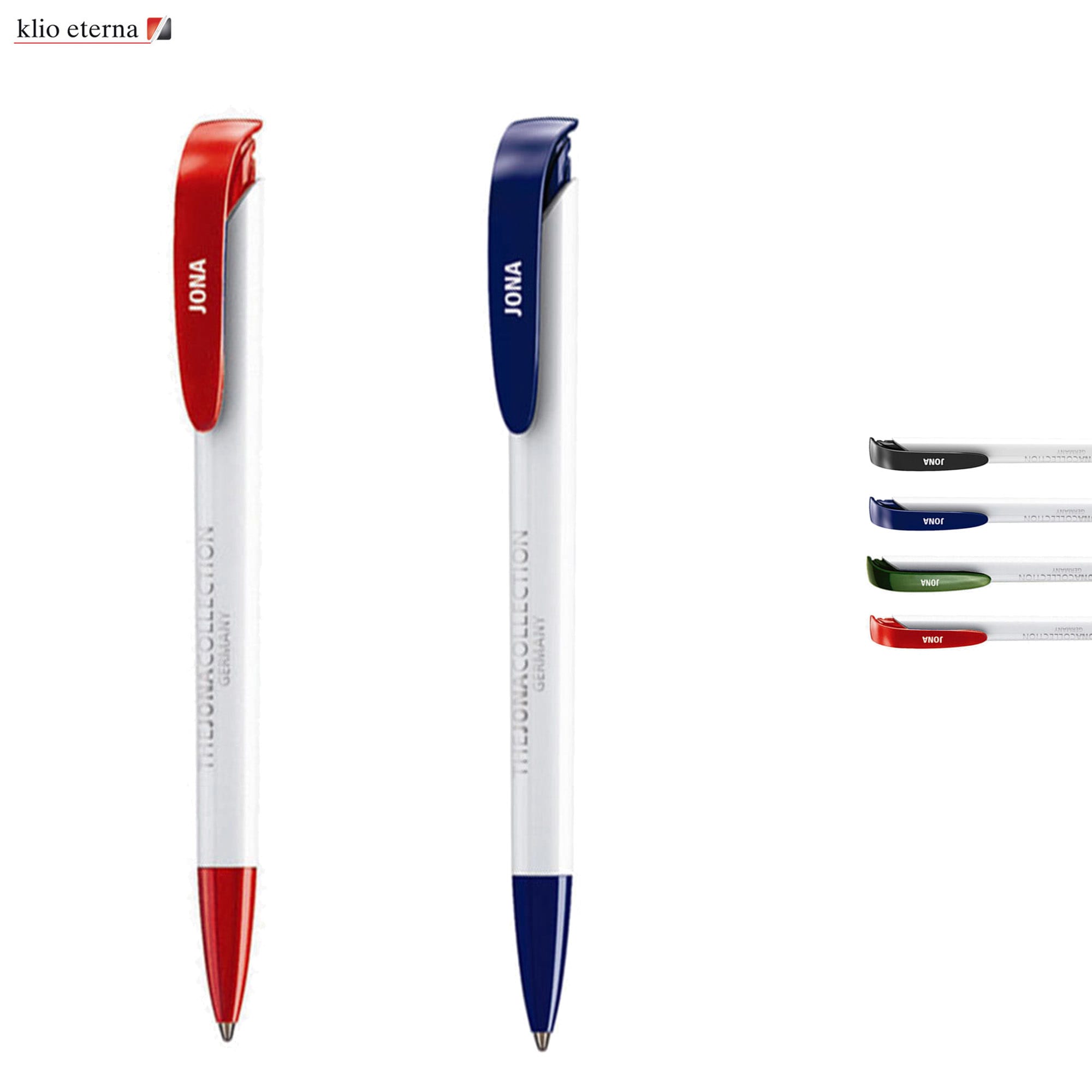 Two plastic pens in red and blue with white bodies, featuring different coloured clips, alongside additional coloured options. Jona Mixed - Image 1