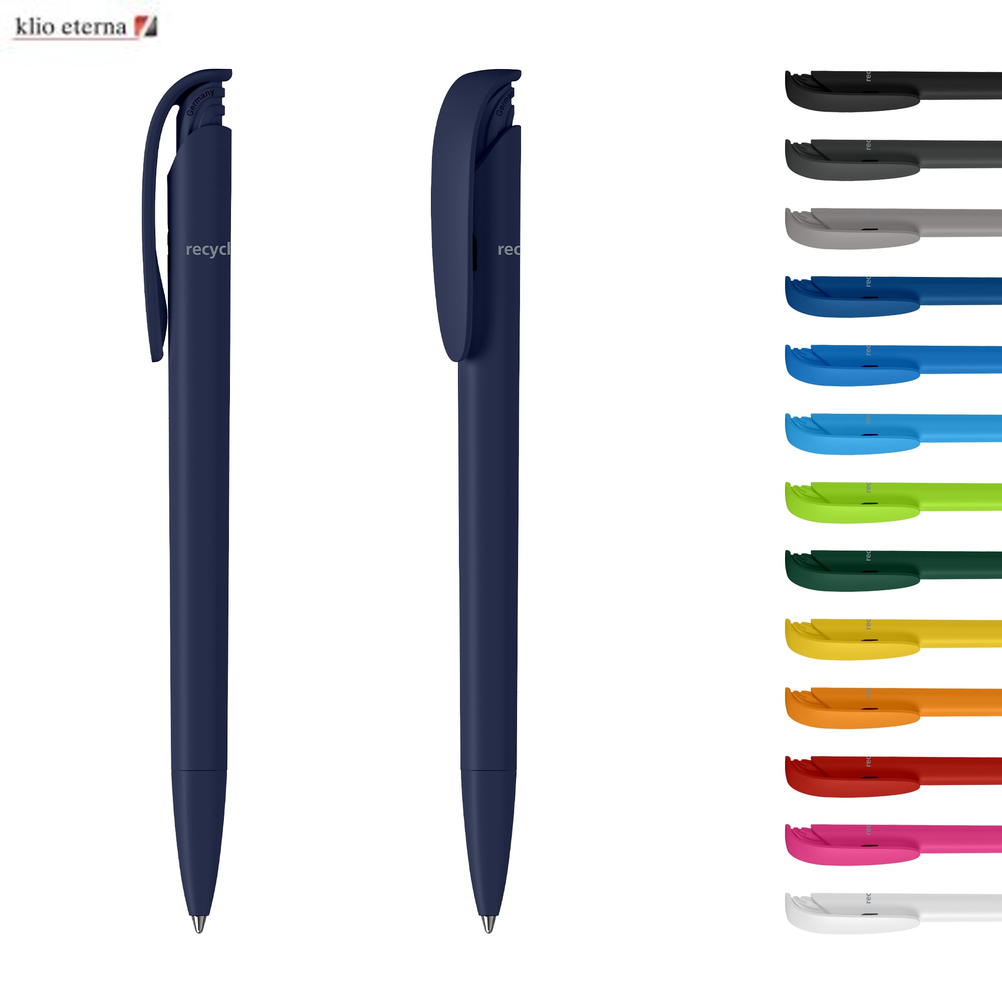 A navy blue plastic pen with a clip, accompanied by various colourful pen options on the right. Jona Matt Recycling - Image 1