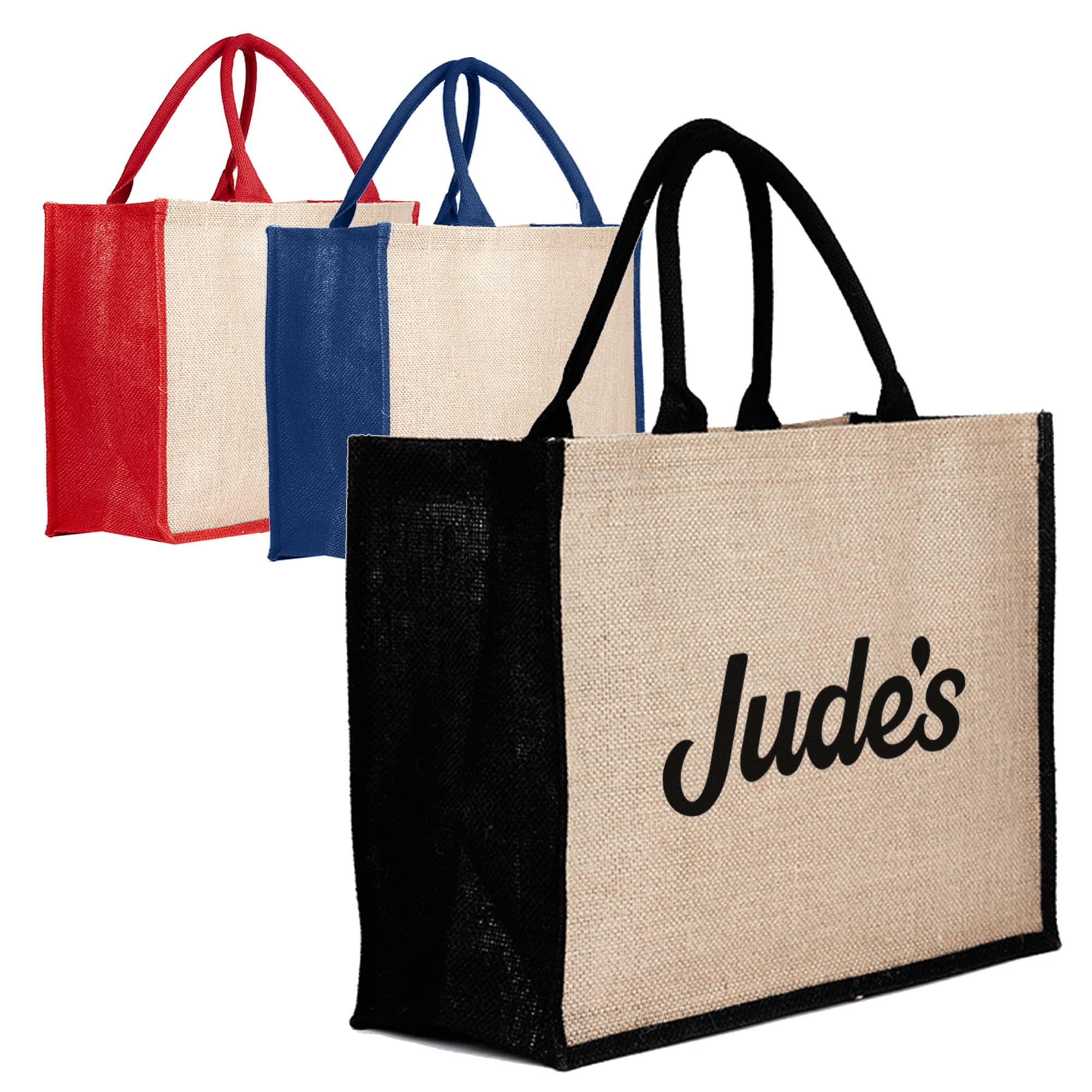 A set of three jute bags in red, blue, and black, featuring a logo on the front. Jute Bag Coloured - Image 1