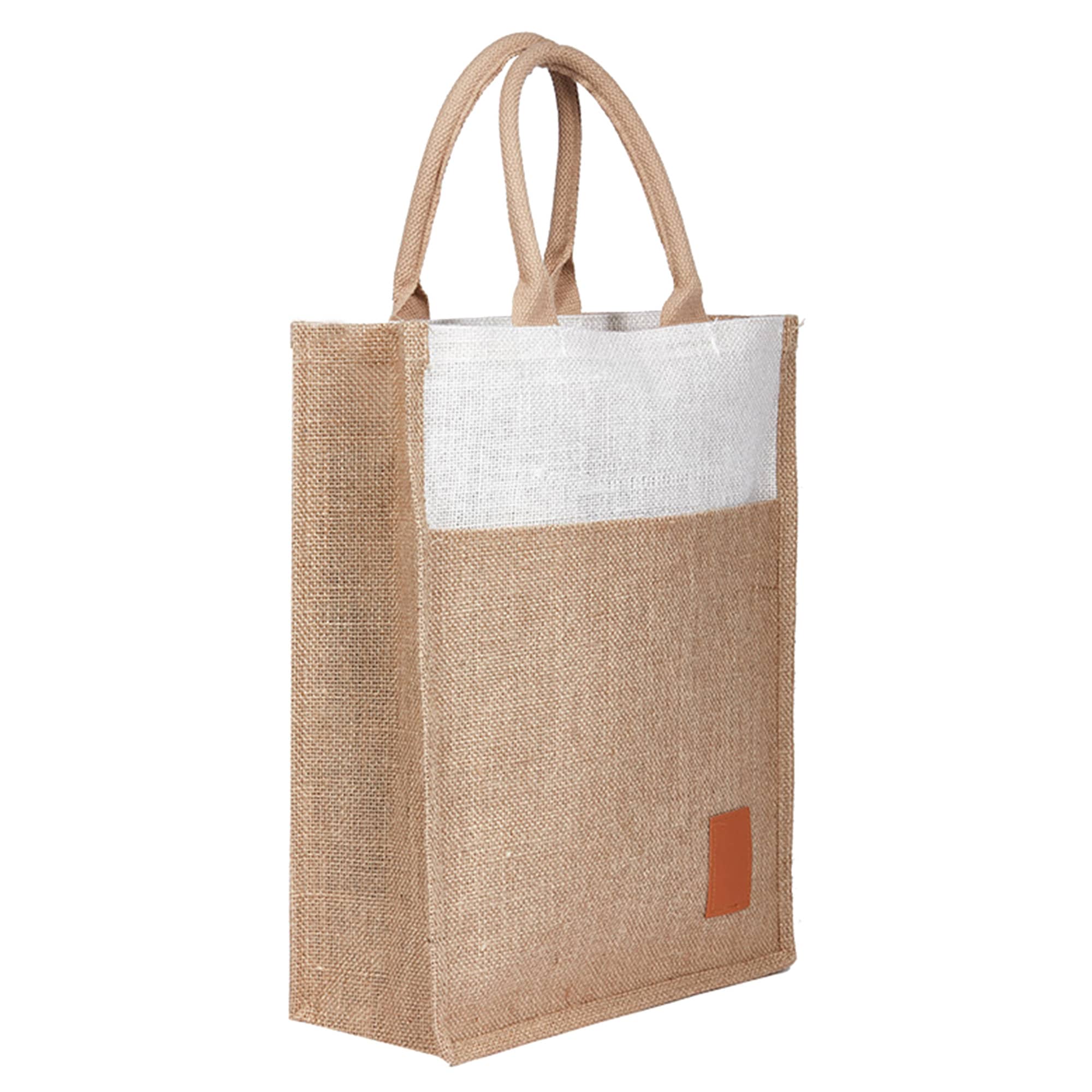 A jute bag with a natural tan colour, featuring a white top section and brown handle, has a branding logo on the side. Scotch Jute Bag - Image 1