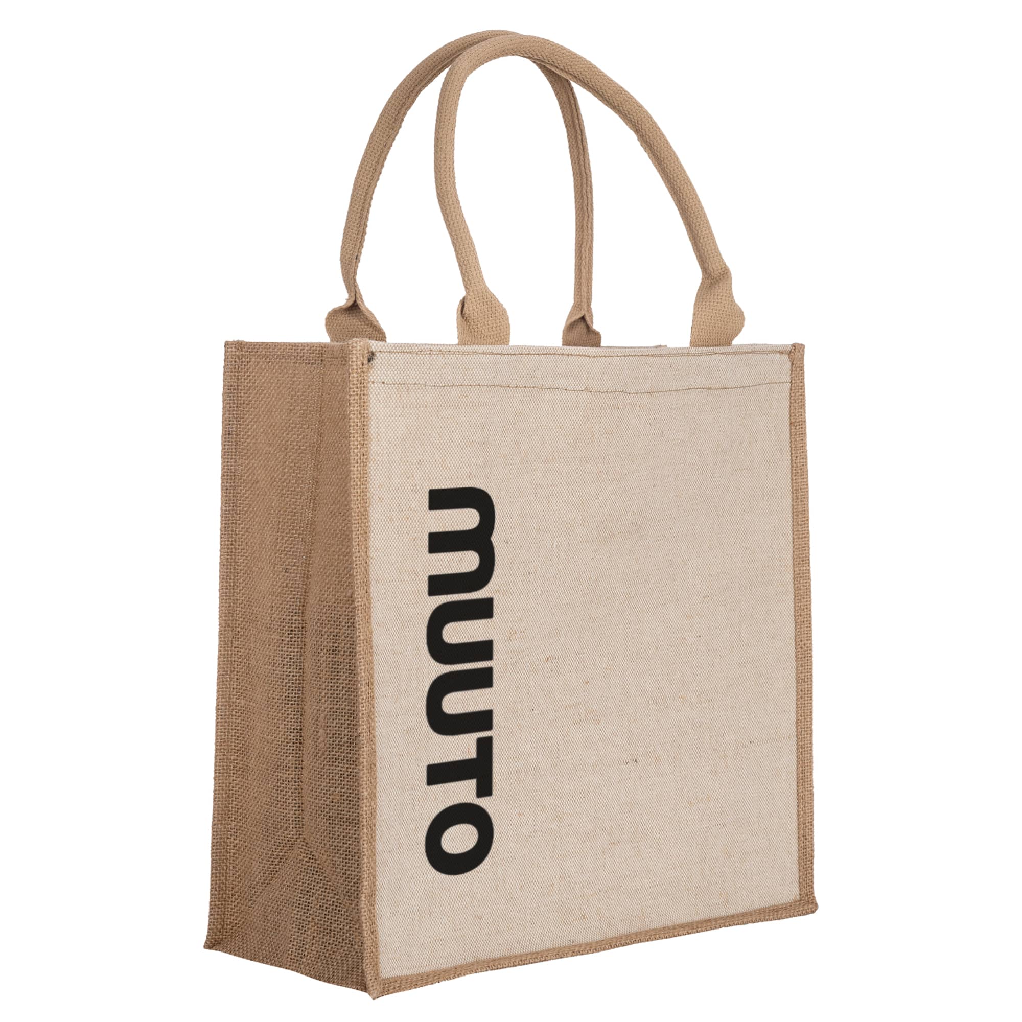 A reusable grocery bag in cream and brown with handles and a logo on the front. Mulan Juco Shopping Bag - Image 1
